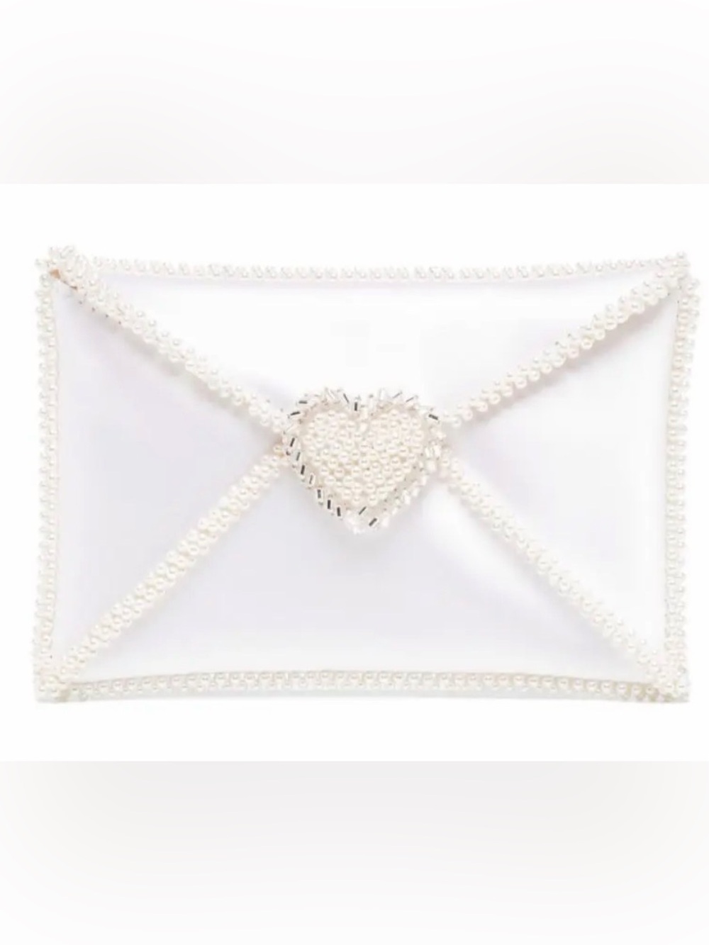 Vanina Love Letter Pearl-Trimmed White Envelope Clutch with Heart Accent
